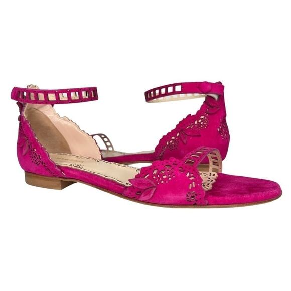 Marchesa Lenny Hot Pink Laser Cut Suede Leather Sandals 39.5 - Picture 1 of 10